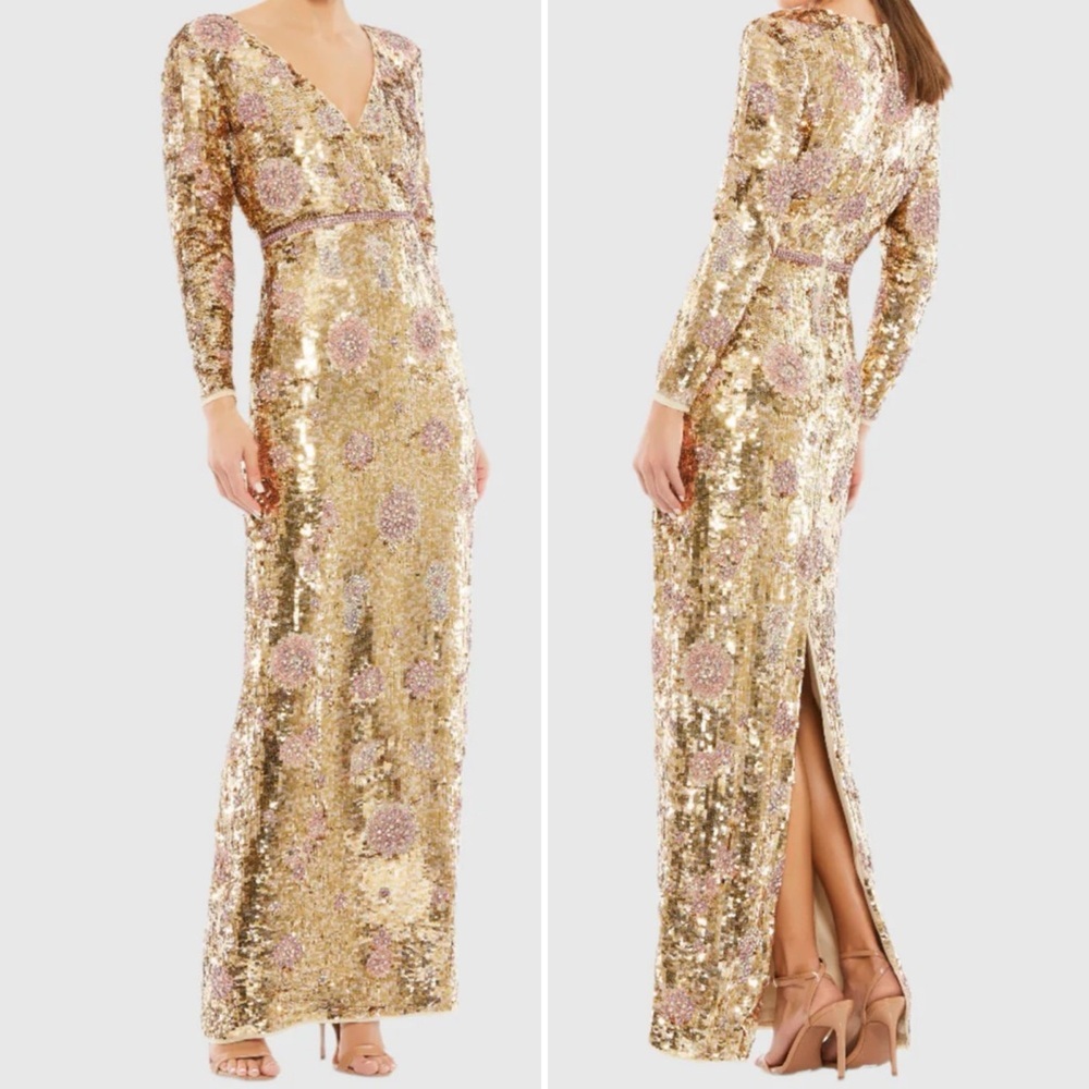 Mac Duggal Gold Embellished Wrap Over Long Sleeve Column Gown #93615 - 12